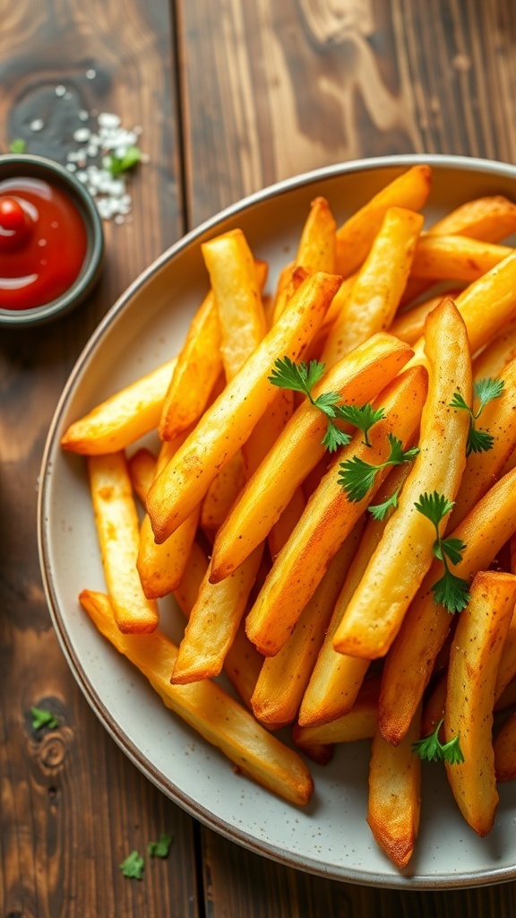 Crispy Air Fryer Potato Fries Recipe Crispy air fryer potato fries served with ketchup on a wooden table.